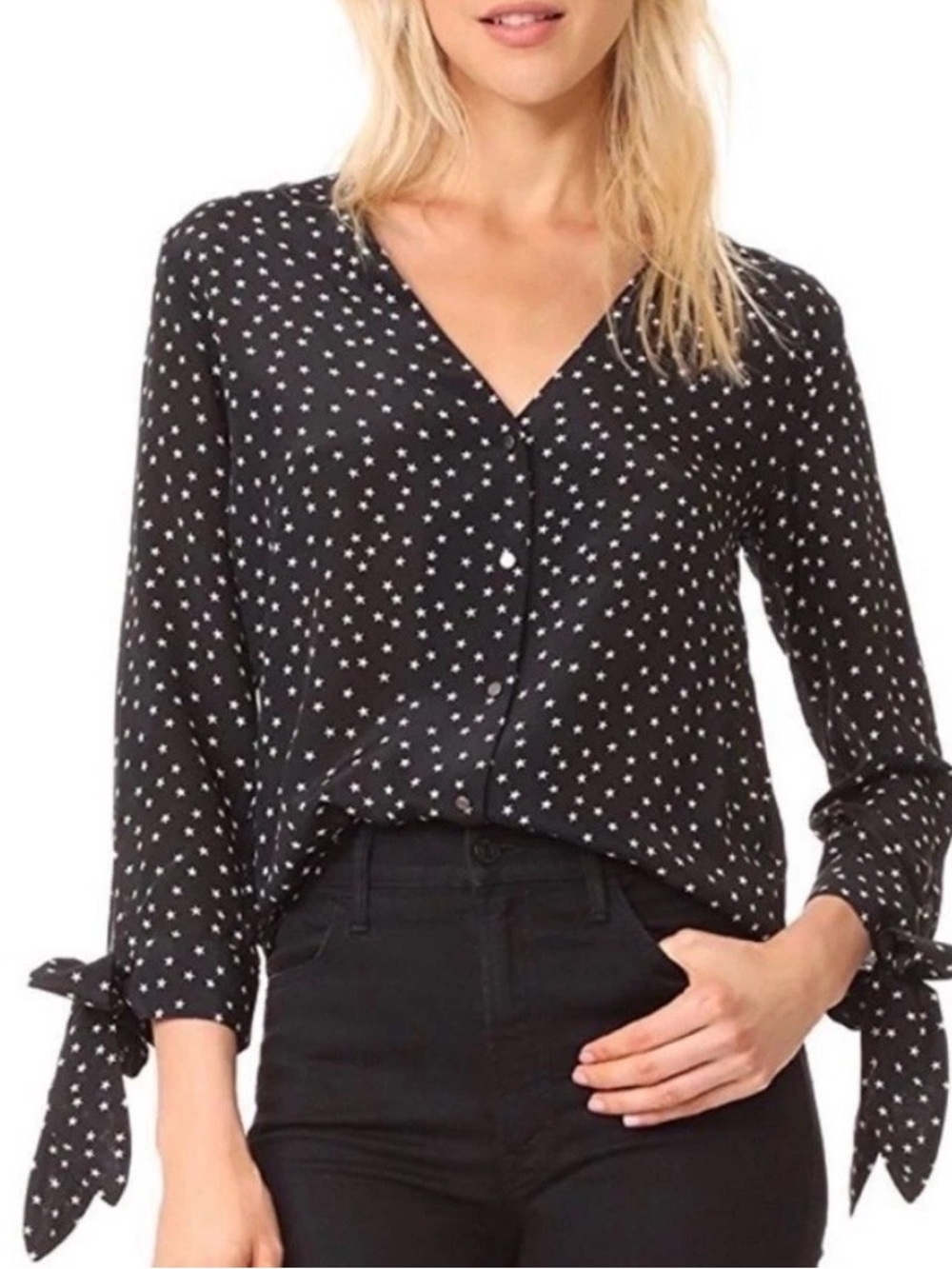 Madewell Black White Stars Tie Sleeve Lightweight Blouse V-Neck Shirt  Medium